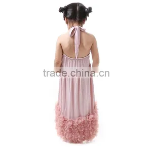 Hot Sale Elegant Dust Pink With Chiffon Ruffles on the Bottom Children Maxi Girl Dress thumbnail-3