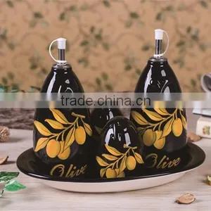 Black Ceramic Salt Pepper Oil Vinegar Cruet Set With Black Tray thumbnail-1
