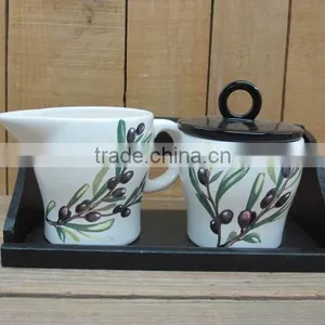 New Olive Sugar Creamers Set With Wooden Base thumbnail-1