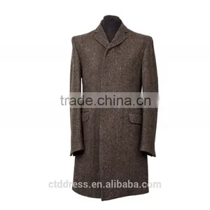 2015 New Style 100% Cashmere Grey Herringbone Classic Tailor Made Men's Overcoat thumbnail-1