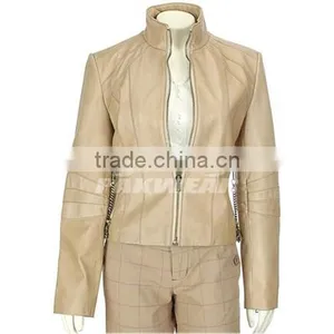 Stand Collar and Ykk Zipper Denim Style Women Leather Jacket thumbnail-1