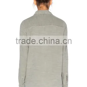 New Style Autumn Women Army Olive Grey Twill Shirt Factory Price thumbnail-3