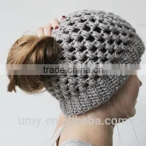 Messy Crochet Pony Tail Bun Beanie Hat thumbnail-1