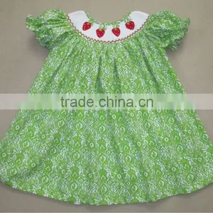 Wholesale Green Damask Strawberry Smocked Dresses for Infant Toddler Girls thumbnail-1