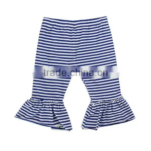 Wholesale Boutique Ruffle Kids Stripe Pants 100% Cotton Ruffle Bottom Infants Leggings Pants Girls Summer Capri thumbnail-1