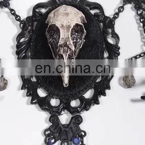 Gothic Necklace With Faux Small Crow Skull and Beads thumbnail-3