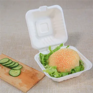 Customizable 450ml Refrigerator & Microwave Safe Biodegradable 6 Inch Sugarcane Bagasse Burger Box Clamshell thumbnail-2