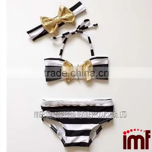 Children's Swimsuit Girls Gold Bows Stripe Bikini Swimming Trunk Headband 3pcs Sets thumbnail-1