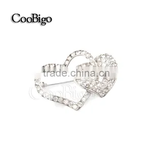 Fashion Jewelry Rhinestone Silver Double Heart Brooch Lady Girls Dresses Hijab Scarf Party Gift Apparel Promotion Accessories thumbnail-3