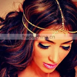 New Women Simple BOHO Style Gold Plated Shining Handcraft Metal Coins Charming Hair Jewelry Head Chain thumbnail-1