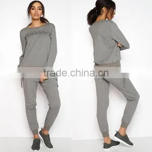 Urban Fashion Tracksuit Female Cheap Custom Grey Plain Latest Design Blank Fitted Sports Womens Tracksuits With Cross Details thumbnail-1
