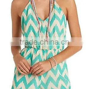 Chiffon Halter Mint and White Strappy Chevron Romper And Jumpsuit Shorts for Women thumbnail-1