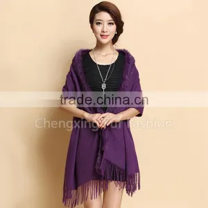 CX-B-P-41D Fur Trim Decora Fashion Women Plain Pashmina Shawl With Fur thumbnail-1