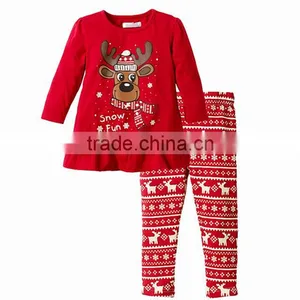 Factory Wholesale Red Christmas Girl Snow Reindeer Applique Set Fashioned Baby Clothing thumbnail-1