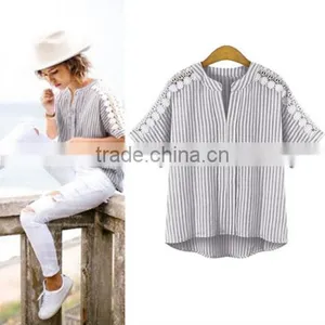 European Station 2017 New Large Size Women's Striped Shirt Stitching Short-sleeved T-shirt Cotton and Linen Jacket thumbnail-1