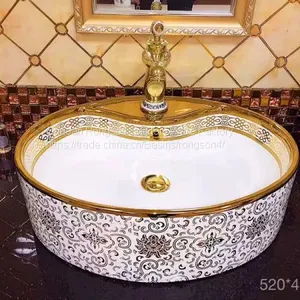 Chinese Bathroom Wash Oval Gold Plated Art Basin Ceramic High Quality Modern Countertop Art Wash Basin Sink in Hotel thumbnail-4