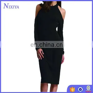 Backless Bodycon Pencil Dress Hollow Out Woman New Arrival Black Open Shoulder Long Sleeve Bow Halter Dress thumbnail-1