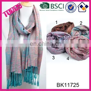 2016 Wholesale Winter Jacquard Pashmina Blue Scarf With Tufts Acrylic Shawl thumbnail-2