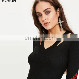 ROSUN China Factory OEM Cut Out V Neck Ribbed Midi Sweater Dress thumbnail-1