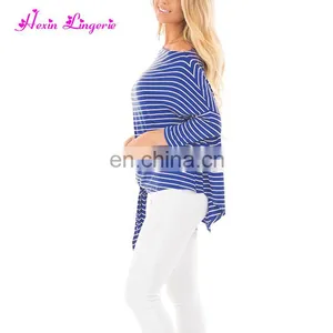 Private Label Blue Striped Long Sleeves Tops Tshirt Women Casual Blouse Designs thumbnail-4