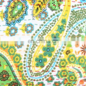 Indian Cotton Handmade Green Kantha Cushion Cover Kantha Throw Pillow Cover Hand Quilted Decorative Cushion Cover Art thumbnail-2