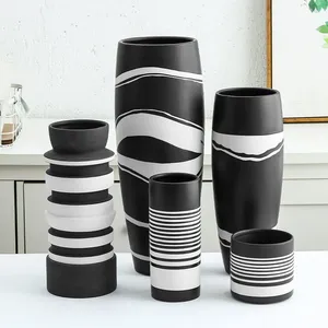 Retro Black Stripe Ceramic Vase Flower Arrangement Decoration For Living Room Model Room thumbnail-2