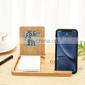 Three in One Bedside Table Wireless Charging Station Planner Pad Ipad Holder Temperature and Humidity Weather Clock Bamboo Set thumbnail-1