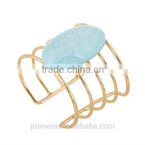 Fashion Unique Exaggerated Natural Stones Plated Gold Hollow Bracelet Bangles Jewelry thumbnail-2