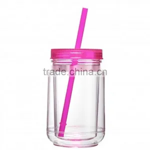 16OZ Mason Jar Cup Blank Clear Double Wall Insulated Tumbler Travel Mug Straw thumbnail-6