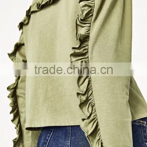 Women Fashion Long Sleeve Frilled T-shirts Tops Printed Round Neck Tops Blouses thumbnail-5