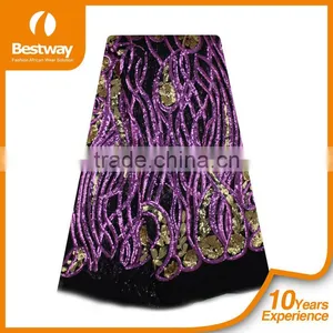 Bestwaytex FL0049 In Royal Blue Color French Cord Lace Silk Chiffon Fabric With Shiny Sequins thumbnail-4