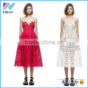 2016 New Handmade White Red Sexy Deep V-neck Flower Lace Dress Runway Elegant Dresses Hollow Out Long Dress Shoulder-Straps thumbnail-1