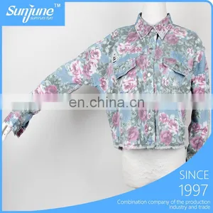 Long Sleeve Double Pocket Cotton Ladies Denim Shirts With Printed thumbnail-1
