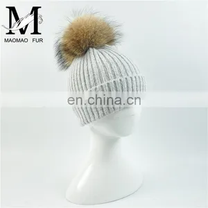 Kids Funny Hat With Big Genuine Raccoon Fur Ball Winter Knit Hat Baby Crochet thumbnail-6