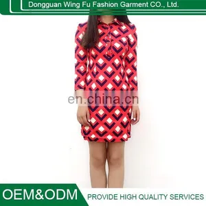 Ladies Retro Printing Red Knitted Cotton Shirt Style Long Sleeve Lapel Dress thumbnail-4