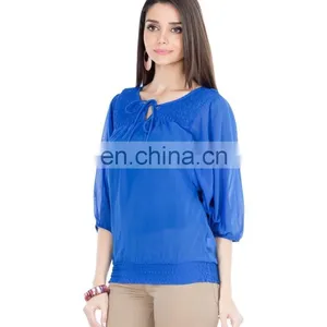2015 Blue Top With Smocking And Tie-up Women Blue Floral Print Tie-up Top thumbnail-5