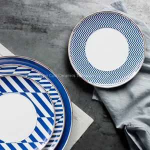 Wholesale High Quality Dinnerware Japanese Porcelain Dishes Blue Rim Stripe Ceramic Steak Plate thumbnail-2