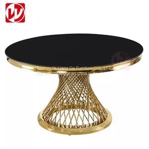 Antique Round Dining Room Furniture Restaurant Marble White Glass Top Golden Stainless Steel Wedding Banquet Table thumbnail-3