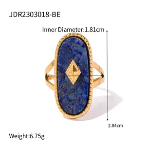 Gold Plated Stainless Steel Natural Stone Ring for Women Blue Irregular Gemstone Statement Ring Waterproof Hypoallergenic Jewelry thumbnail-2