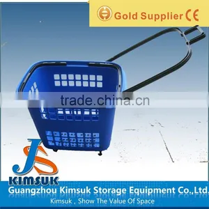 Supermarket Plastic Rolling Shopping Basket With Wheels thumbnail-1