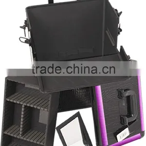 Black Makeup Pro Rolling Trolley Case- Purple Trim, Large Storage & Tray thumbnail-3