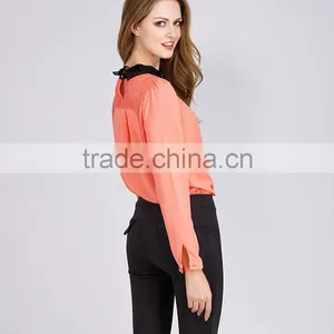 PRETTY STEPS 2016 Stylish Lladies Fashion Orange Chiffon Shirt Long Sleeve Online China thumbnail-1