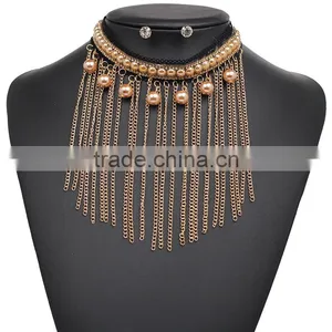 Fashion New Design Black Lace With Champagne Color Pearls Pendant Chain Tassel Choker Necklaces thumbnail-1