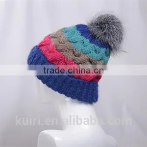 Winter Warm Knit Cap Thick Stick Knitting Mixed Color Winter Hats for Women Beanies With Fox Fur Poms thumbnail-5