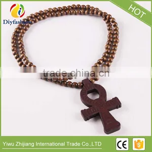 Wooden Hip Hop Cross Pendant With Rosary Beads Chain Men's Jewelry thumbnail-5