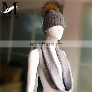 Wool Flat Knitting Beanie Pompom Hat Fashionable Lady Scarves One Piece Hat and Scarf thumbnail-3