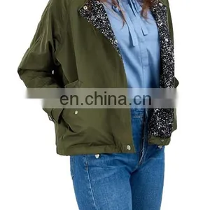 Factory OEM Green Lightweight Ladies Bomer Jacket In Printed Lining thumbnail-5