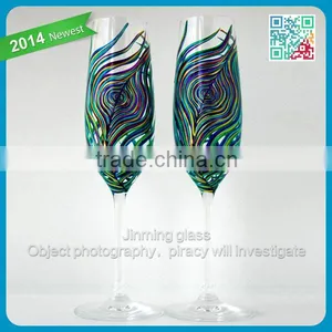Peacock Feather Wedding Flutes Set of 2 Personalized Hand Painted Glass Champagne Flute thumbnail-1