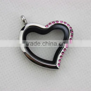 30mm Stainless Steel Silver Pink Rhinestone Magnetic Oblique Heart Floating Locket Key Chain Keychain thumbnail-1