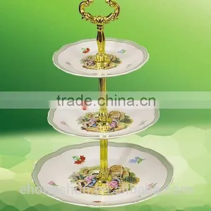 New Flower Design Ceramic 3 Layer Cake Stand Plate With Gold Plated Stainless Steel Handle thumbnail-4